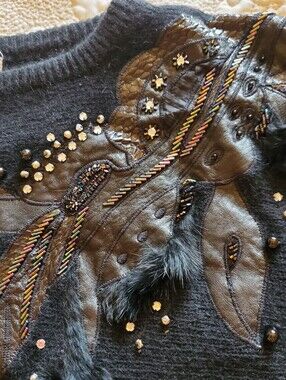 SHANNAN Black Crewneck Sweater with Feather & Bead Embellishment